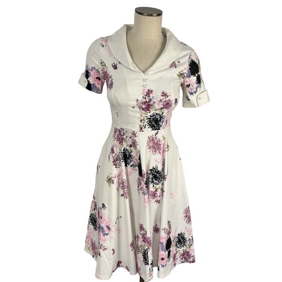 Gowntown Womens S White w/ Purple Floral Design 40s 50s Style Vintage Dress Flaw - Picture 1 of 5
